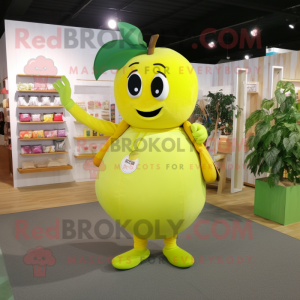 Lemon Yellow Apple mascot costume character dressed with a Maxi Dress and Backpacks