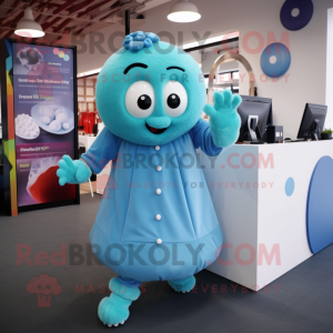 Cyan Meatballs mascot costume character dressed with a Skirt and Smartwatches