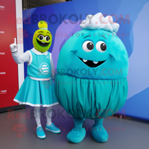 Cyan Meatballs mascot costume character dressed with a Skirt and Smartwatches