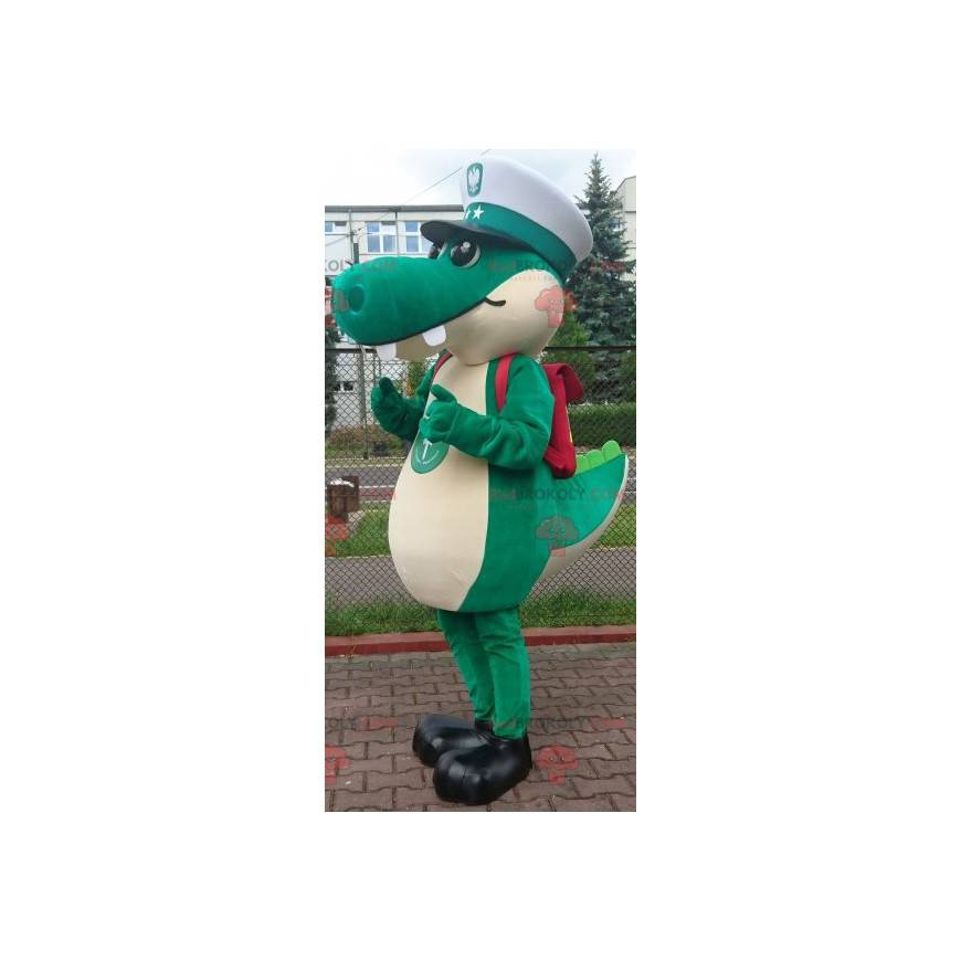 Mascotte de crocodile vert avec une casquette de capitaine -