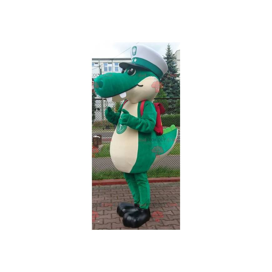 Mascotte groene krokodil met een kapiteinspet - Redbrokoly.com