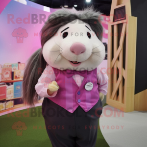 Pink Guinea Pig mascot costume character dressed with a Blouse and Pocket squares