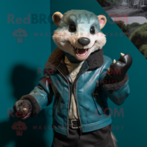 Teal Ferret mascot costume character dressed with a Leather Jacket and Cufflinks