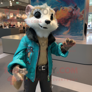 Teal Ferret mascot costume character dressed with a Leather Jacket and Cufflinks