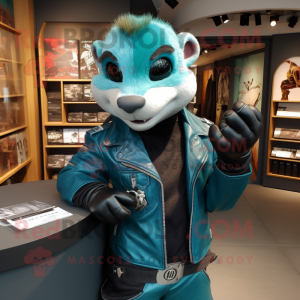 Teal Ferret mascot costume character dressed with a Leather Jacket and Cufflinks