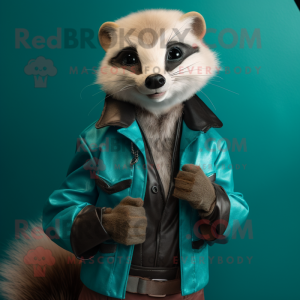 Teal Ferret mascot costume character dressed with a Leather Jacket and Cufflinks