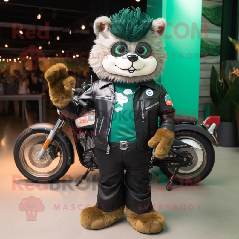 Forest Green Ceviche mascot costume character dressed with a Biker Jacket and Mittens Forest Green Ceviche mascot costume character dressed with a Biker Jacket and Mittens