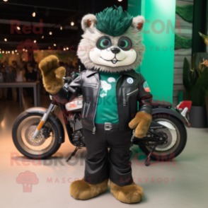 Forest Green Ceviche mascot costume character dressed with a Biker Jacket and Mittens