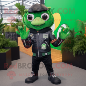 Forest Green Ceviche mascot costume character dressed with a Biker Jacket and Mittens