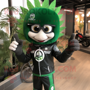 Forest Green Ceviche mascot costume character dressed with a Biker Jacket and Mittens