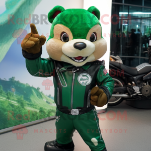 Forest Green Ceviche mascot costume character dressed with a Biker Jacket and Mittens