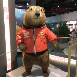 Rust Capybara mascot costume character dressed with a Bomber Jacket and Brooches