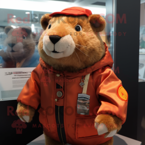 Rust Capybara mascot costume character dressed with a Bomber Jacket and Brooches