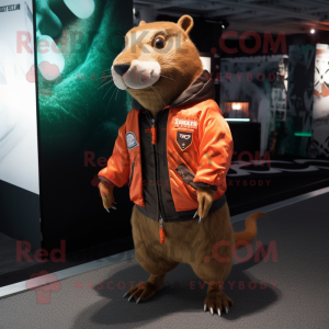 Rust Capybara mascot costume character dressed with a Bomber Jacket and Brooches