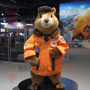 Rust Capybara mascot costume character dressed with a Bomber Jacket and Brooches