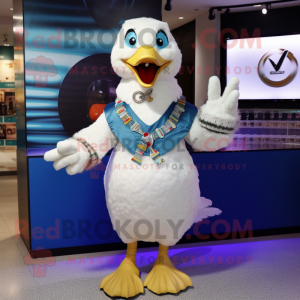 White Geese mascot costume character dressed with a Vest and Bracelets