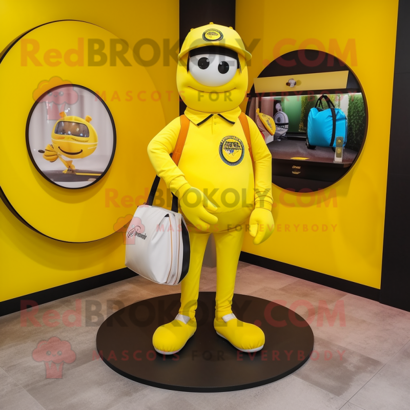 Yellow Engagement Ring mascot costume character dressed with a Polo Tee and Wallets Yellow Engagement Ring mascot costume character dressed with a Polo Tee and Wallets