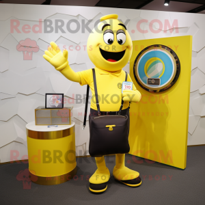 Yellow Engagement Ring mascot costume character dressed with a Polo Tee and Wallets