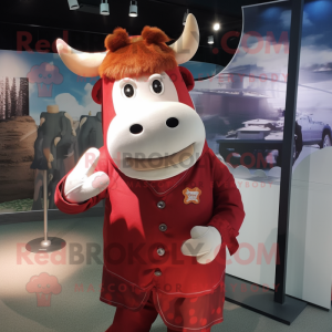 Red Hereford Cow mascot costume character dressed with a Dress Shirt and Hairpins