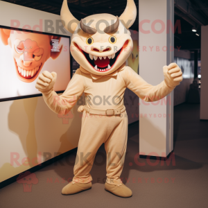 Beige Devil mascot costume character dressed with a Jumpsuit and Suspenders