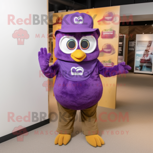 Purple Owl mascot costume character dressed with a Polo Shirt and Hats