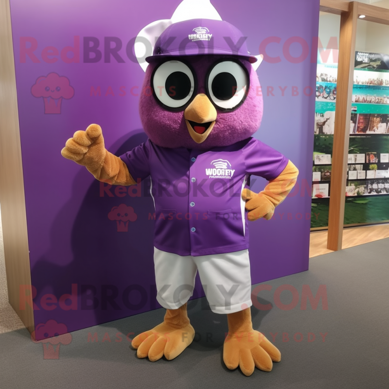 Purple Owl mascot costume character dressed with a Polo Shirt and Hats