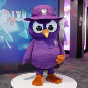 Purple Owl mascot costume character dressed with a Polo Shirt and Hats