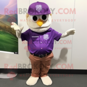 Purple Owl mascot costume character dressed with a Polo Shirt and Hats