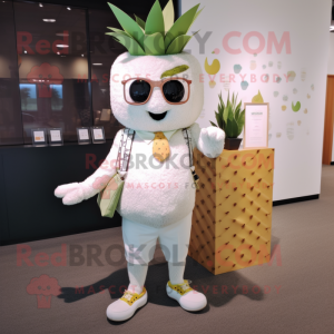 White Pineapple mascot costume character dressed with a Henley Tee and Clutch bags