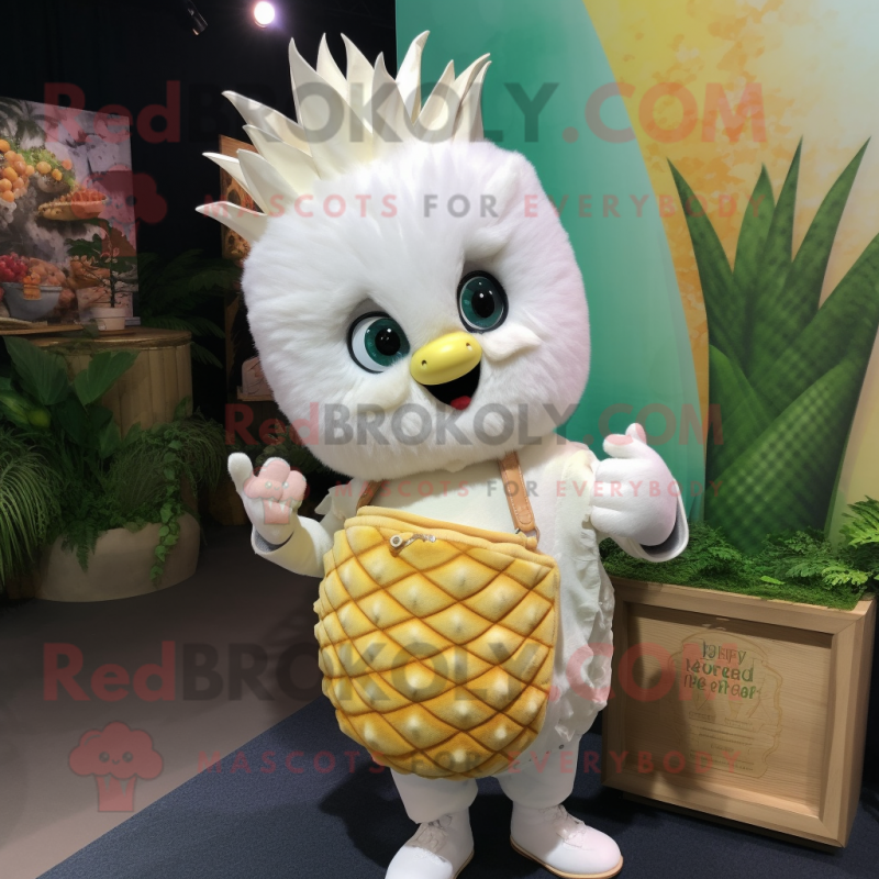 White Pineapple mascot costume character dressed with a Henley Tee and Clutch bags