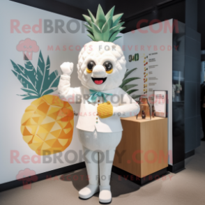 White Pineapple mascot costume character dressed with a Henley Tee and Clutch bags