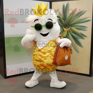 White Pineapple mascot costume character dressed with a Henley Tee and Clutch bags