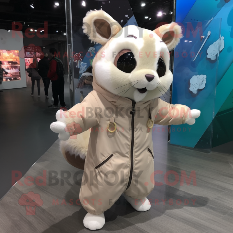 Cream Flying Squirrel mascot costume character dressed with a Parka and Necklaces Cream Flying Squirrel mascot costume character dressed with a Parka and Necklaces