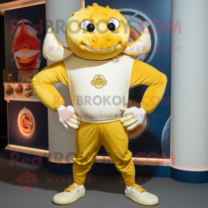 Gold Crab Cakes mascot costume character dressed with a Rash Guard and Lapel pins