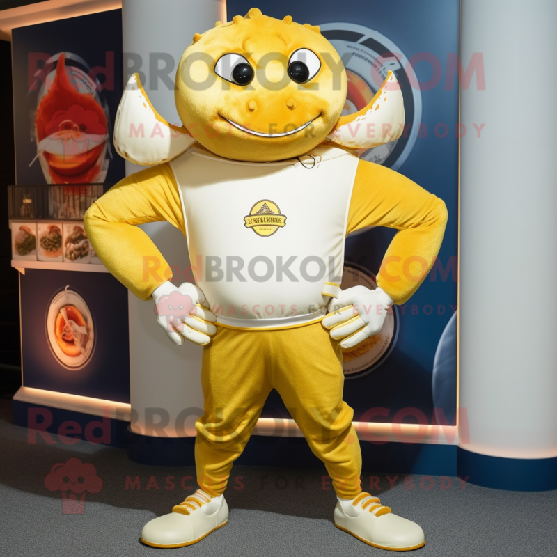 Gold Crab Cakes mascot costume character dressed with a Rash Guard and Lapel pins Gold Crab Cakes mascot costume character dressed with a Rash Guard and Lapel pins