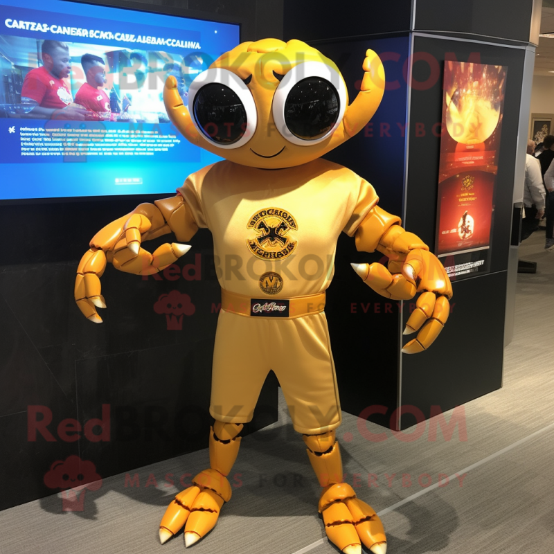 Gold Crab Cakes mascot costume character dressed with a Rash Guard and Lapel pins Gold Crab Cakes mascot costume character dressed with a Rash Guard and Lapel pins