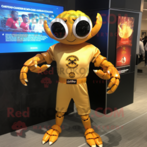 Gold Crab Cakes mascot costume character dressed with a Rash Guard and Lapel pins