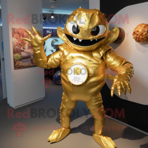 Gold Crab Cakes mascot costume character dressed with a Rash Guard and Lapel pins