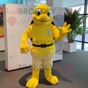 Lemon Yellow Sea Turtle mascot costume character dressed with a Henley Shirt and Gloves