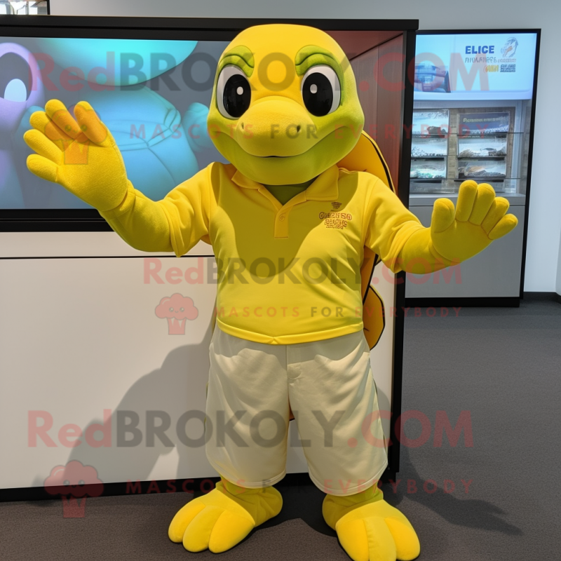 Lemon Yellow Sea Turtle mascot costume character dressed with a Henley Shirt and Gloves