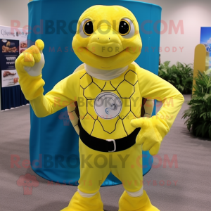 Lemon Yellow Sea Turtle mascot costume character dressed with a Henley Shirt and Gloves