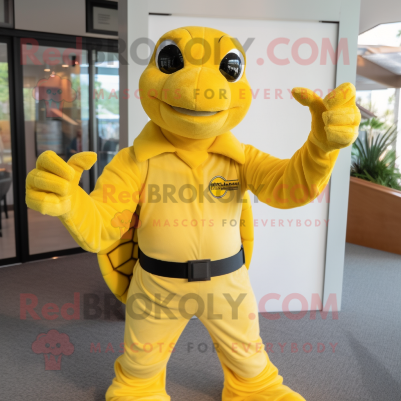 Lemon Yellow Sea Turtle mascot costume character dressed with a Henley Shirt and Gloves Lemon Yellow Sea Turtle mascot costume character dressed with a Henley Shirt and Gloves
