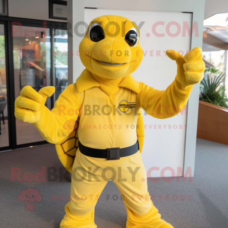 Lemon Yellow Sea Turtle mascot costume character dressed with a Henley Shirt and Gloves