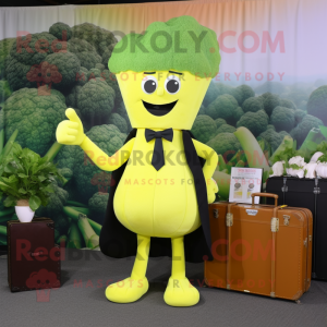 Lemon Yellow Broccoli mascot costume character dressed with a Cocktail Dress and Briefcases