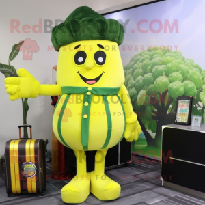 Lemon Yellow Broccoli mascot costume character dressed with a Cocktail Dress and Briefcases