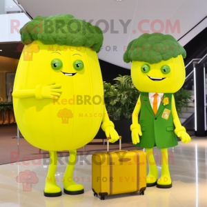 Lemon Yellow Broccoli mascot costume character dressed with a Cocktail Dress and Briefcases
