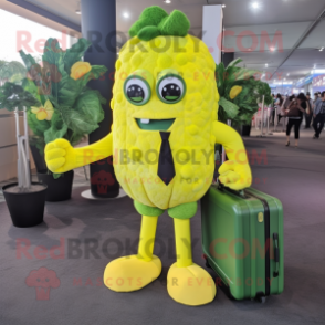 Lemon Yellow Broccoli mascot costume character dressed with a Cocktail Dress and Briefcases