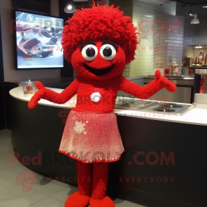 Red Paella mascot costume character dressed with a A-Line Skirt and Bracelet watches