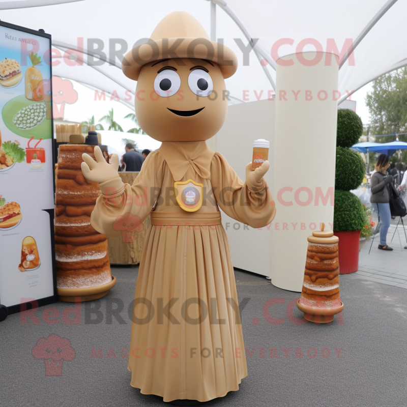 Tan Scented Candle mascot costume character dressed with a Wrap Dress and Berets Tan Scented Candle mascot costume character dressed with a Wrap Dress and Berets