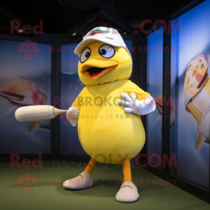 Lemon Yellow Gull mascot costume character dressed with a Baseball Tee and Bow ties